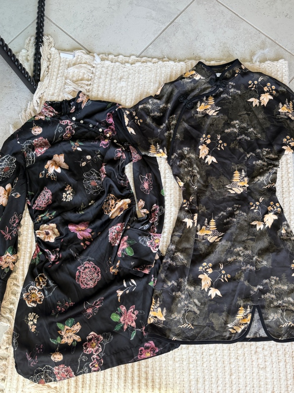 Zara Black Floral Satin Cheongsam Dresses